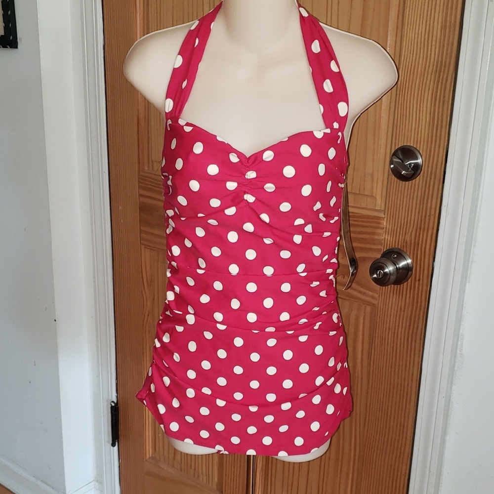 Polka Dot Halter One Piece Swimsuit - Red